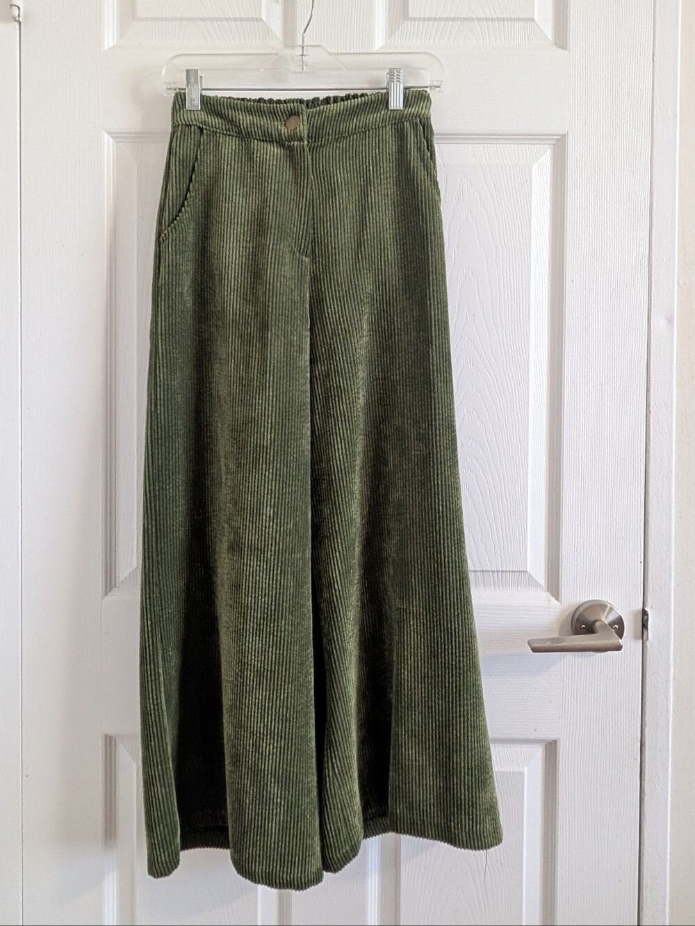 Olive Green Tailored Corduroy Wide Leg Crop Pants Elastic Waist Retro Chic S